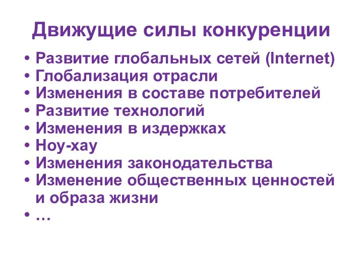 Движущие силы конкуренции Развитие глобальных сетей (Internet) Глобализация отрасли Изменения в