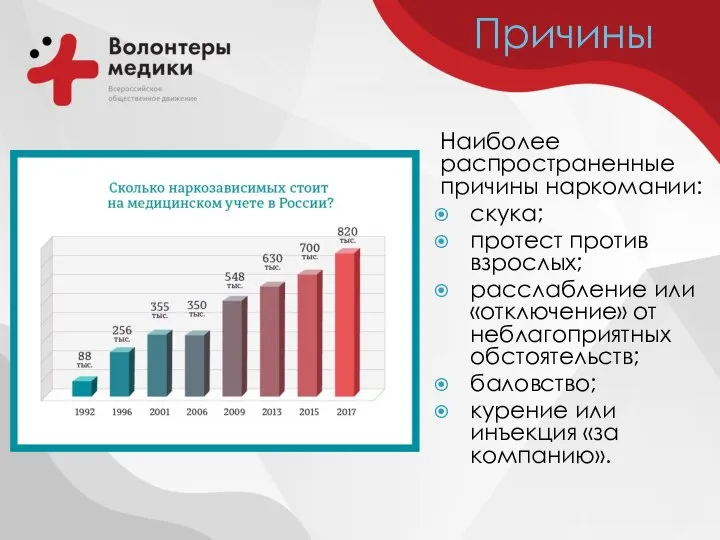 Причины Наиболее распространенные причины наркомании: скука; протест против взрослых; расслабление или