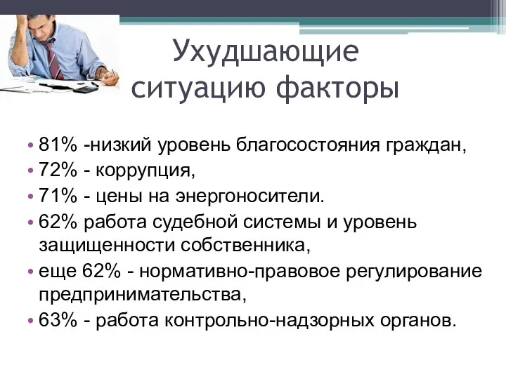 Ухудшающие ситуацию факторы 81% -низкий уровень благосостояния граждан, 72% - коррупция,