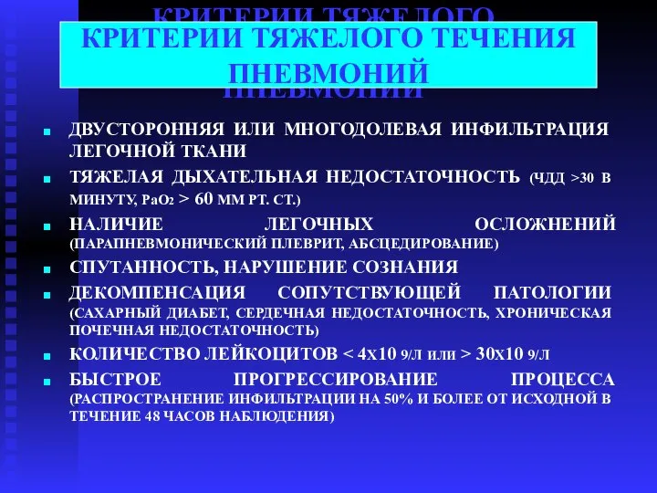 КРИТЕРИИ ТЯЖЕЛОГО ТЕЧЕНИЯ ПНЕВМОНИЙ ДВУСТОРОННЯЯ ИЛИ МНОГОДОЛЕВАЯ ИНФИЛЬТРАЦИЯ ЛЕГОЧНОЙ ТКАНИ ТЯЖЕЛАЯ