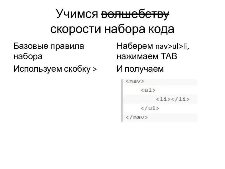 Учимся волшебству скорости набора кода Базовые правила набора Используем скобку >