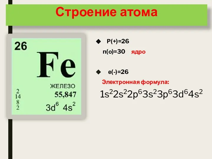 Строение атома Р(+)=26 n(о)=30 ядро е(-)=26 Электронная формула: 1s22s22р63s23р63d64s2