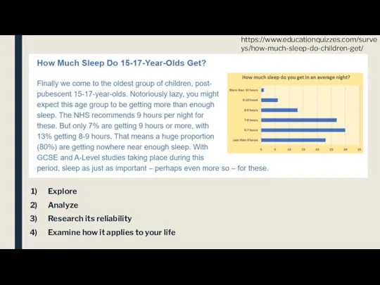 Explore Analyze Research its reliability Examine how it applies to your life https://www.educationquizzes.com/surveys/how-much-sleep-do-children-get/