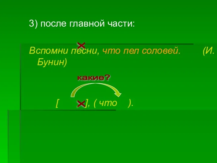 3) после главной части: Вспомни песни, что пел соловей. (И. Бунин)