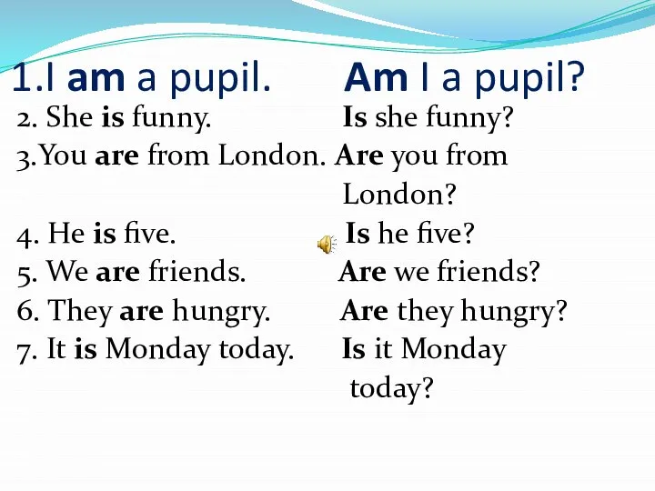 1.I am a pupil. Am I a pupil? 2. She is