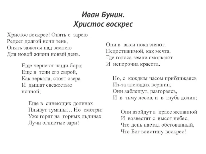 Иван Бунин. Христос воскрес Христос воскрес! Опять с зарею Редеет долгой