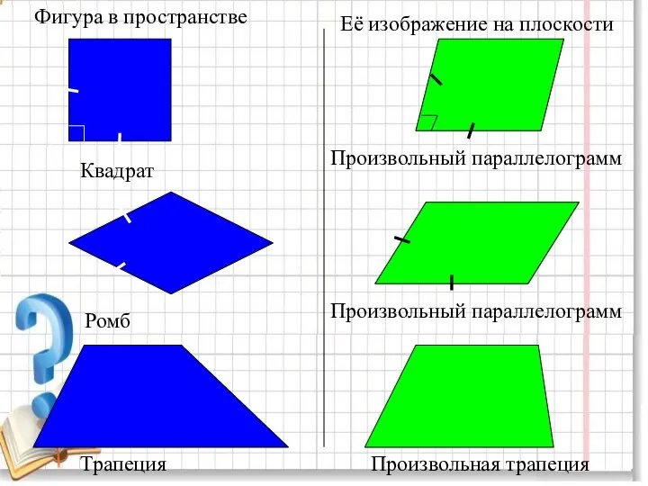Фигура в пространстве Её изображение на плоскости Квадрат Произвольный параллелограмм Трапеция Произвольная трапеция Произвольный параллелограмм Ромб