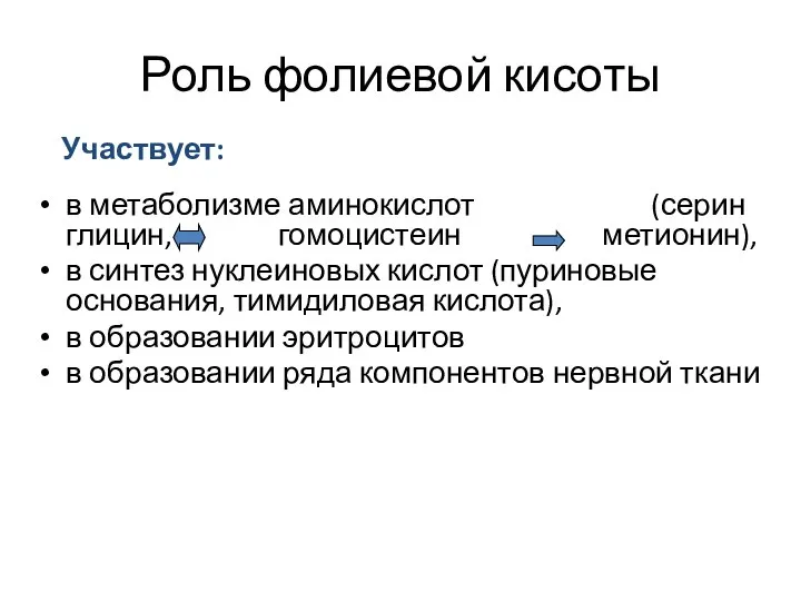 Роль фолиевой кисоты в метаболизме аминокислот (серин глицин, гомоцистеин метионин), в