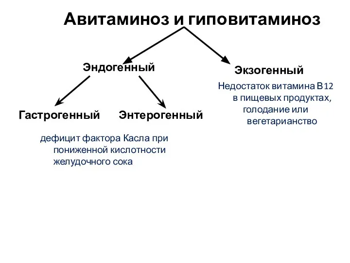 Авитаминоз и гиповитаминоз Гастрогенный Энтерогенный дефицит фактора Касла при пониженной кислотности