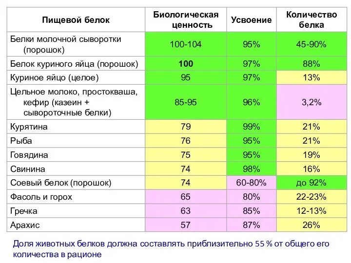 Доля животных белков должна составлять приблизительно 55 % от общего его количества в рационе