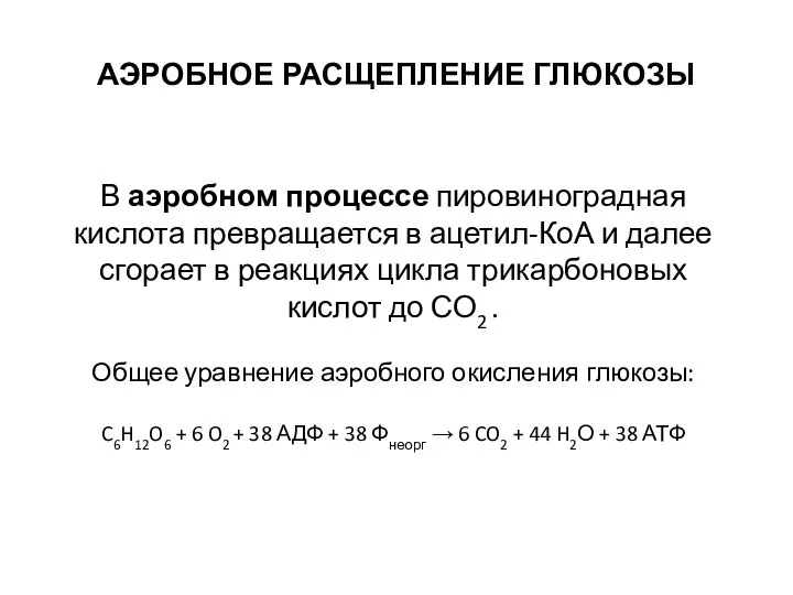 АЭРОБНОЕ РАСЩЕПЛЕНИЕ ГЛЮКОЗЫ В аэробном процессе пировиноградная кислота превращается в ацетил-КоА