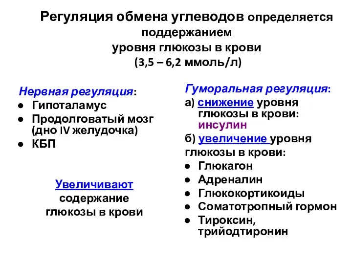 Регуляция обмена углеводов определяется поддержанием уровня глюкозы в крови (3,5 –