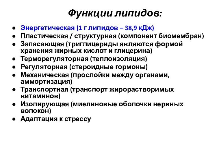 Функции липидов: Энергетическая (1 г липидов – 38,9 кДж) Пластическая /