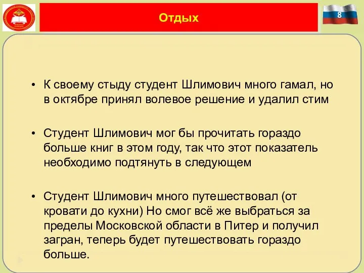 8 Отдых К своему стыду студент Шлимович много гамал, но в