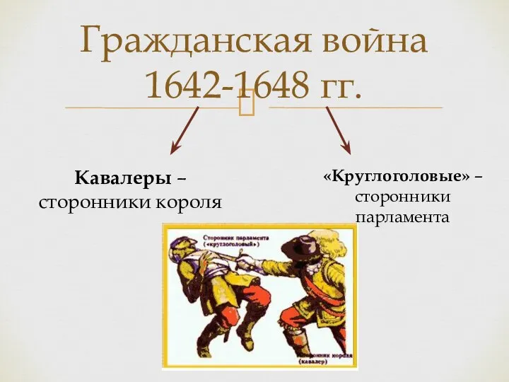 Гражданская война 1642-1648 гг. Кавалеры – сторонники короля «Круглоголовые» – сторонники парламента