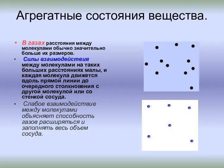 Агрегатные состояния вещества. В газах расстояния между молекулами обычно значительно больше