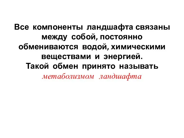 Все компоненты ландшафта связаны между собой, постоянно обмениваются водой, химическими веществами