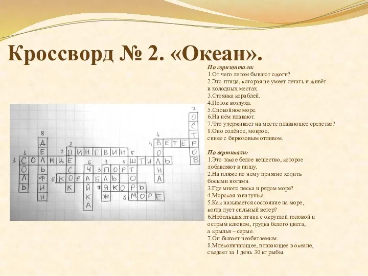 Кроссворд № 2. «Океан». По горизонтали: 1.От чего летом бывают ожоги?