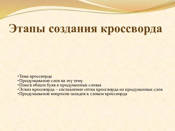 Этапы создания кроссворда Тема кроссворда Придумывание слов на эту тему Поиск