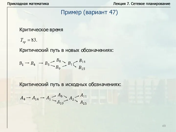 Критическое время Критический путь в новых обозначениях: Критический путь в исходных обозначениях: Пример (вариант 47)