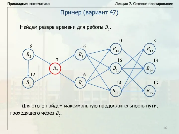 Найдем резерв времени для работы B7. Для этого найдем максимальную продолжительность