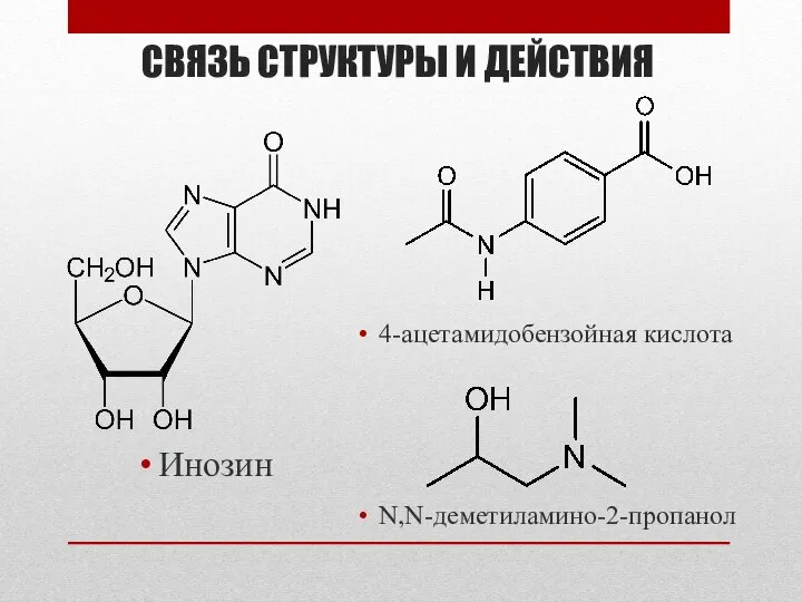 СВЯЗЬ СТРУКТУРЫ И ДЕЙСТВИЯ Инозин N,N-деметиламино-2-пропанол 4-ацетамидобензойная кислота