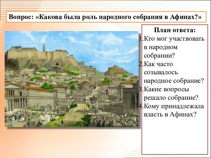 Вопрос: «Какова была роль народного собрания в Афинах?» План ответа: Кто