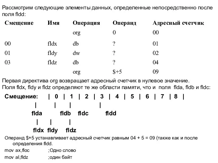 Рассмотрим следующие элементы данных, определенные непосредственно после поля fldd: Первая директива