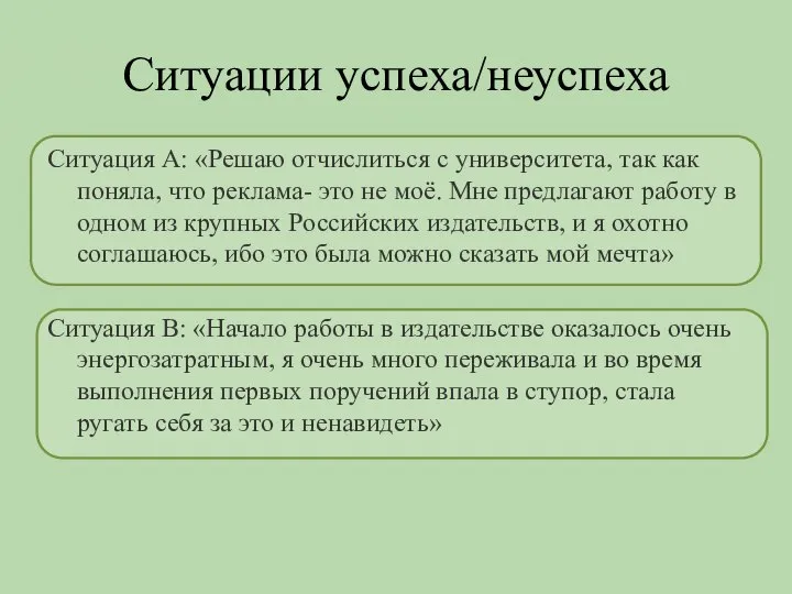 Ситуации успеха/неуспеха Ситуация А: «Решаю отчислиться с университета, так как поняла,