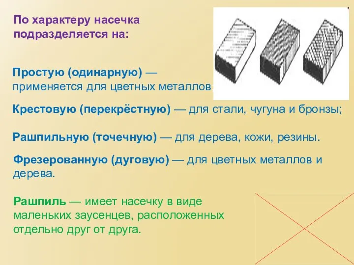 Рашпиль — имеет насечку в виде маленьких заусенцев, расположенных отдельно друг