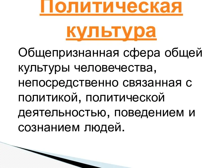 Общепризнанная сфера общей культуры человечества, непосредственно связанная с политикой, политической деятельностью,