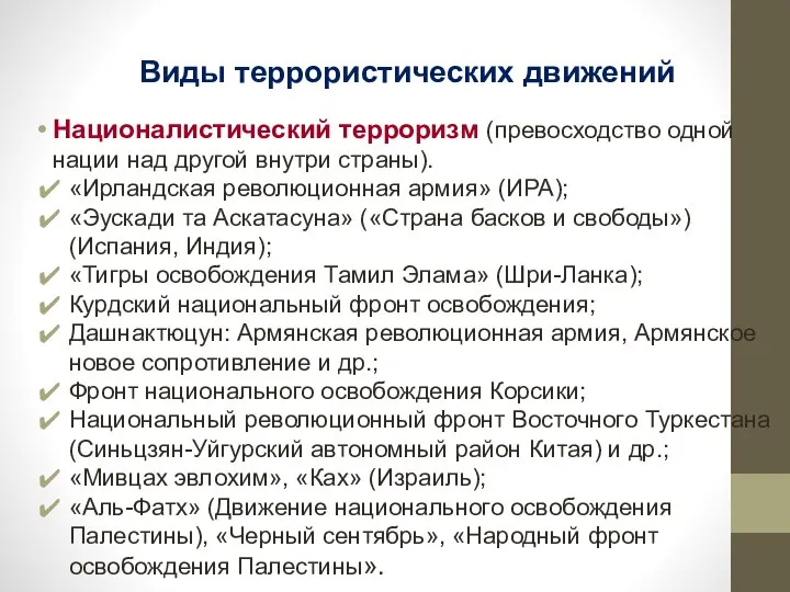 Виды террористических движений Националистический терроризм (превосходство одной нации над другой внутри