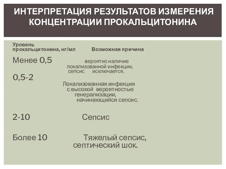 Уровень прокальцитонина, нг/мл Возможная причина Менее 0,5 вероятно наличие локализованной инфекции,