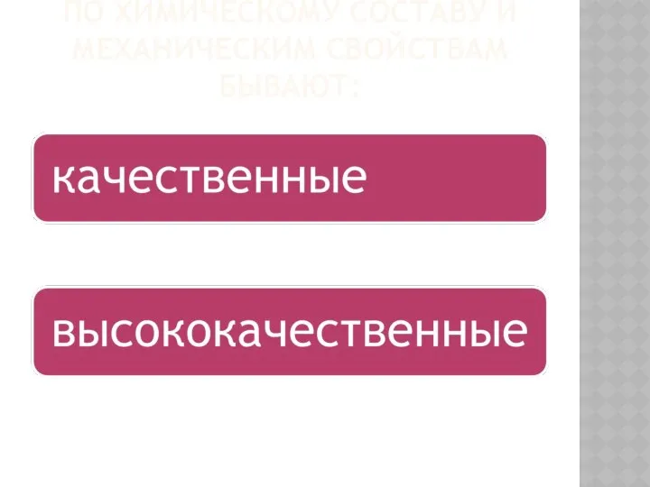 ПО ХИМИЧЕСКОМУ СОСТАВУ И МЕХАНИЧЕСКИМ СВОЙСТВАМ БЫВАЮТ: