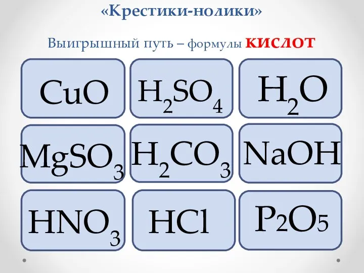 «Крестики-нолики» Выигрышный путь – формулы кислот CuO H2SO4 H2O H2CO3 P2O5 MgSO3 HNO3 NaOH HCl