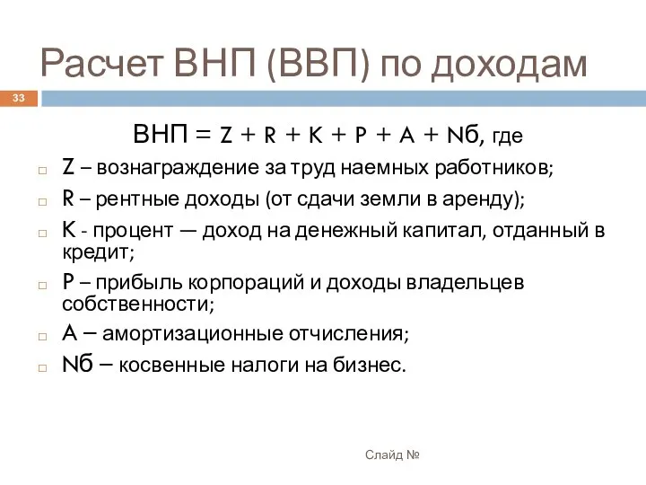 Расчет ВНП (ВВП) по доходам Слайд № ВНП = Z +