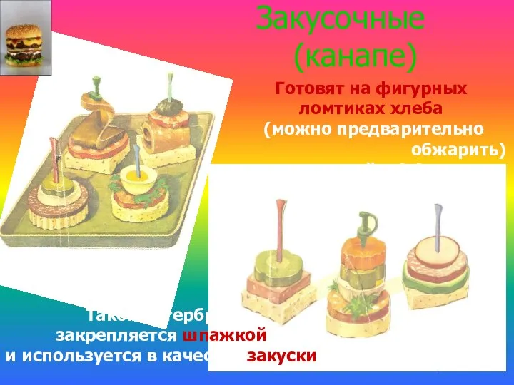 Закусочные (канапе) Готовят на фигурных ломтиках хлеба (можно предварительно обжарить) толщиной