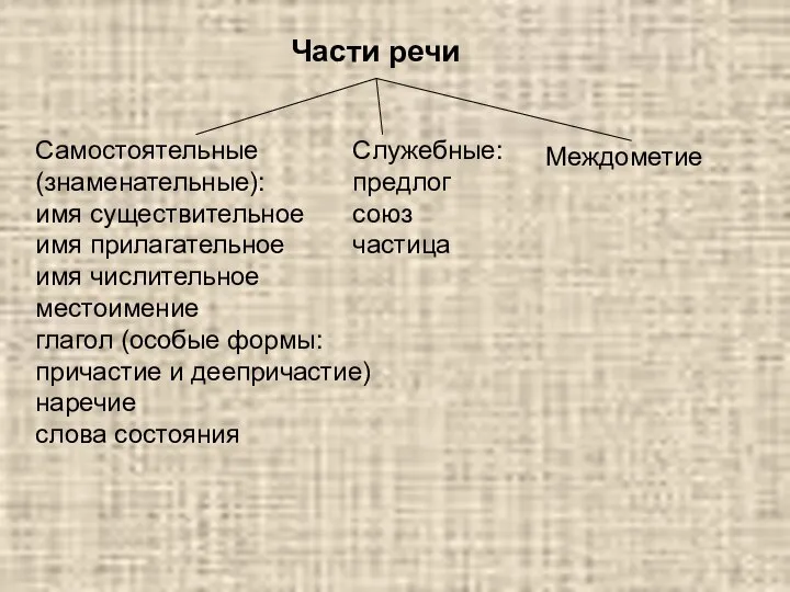 Части речи Самостоятельные (знаменательные): имя существительное имя прилагательное имя числительное местоимение