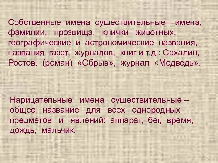 Собственные имена существительные – имена, фамилии, прозвища, клички животных, географические и