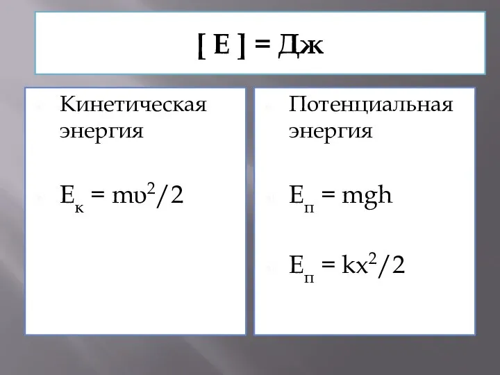 [ Е ] = Дж Кинетическая энергия Ек = mυ2/2 Потенциальная