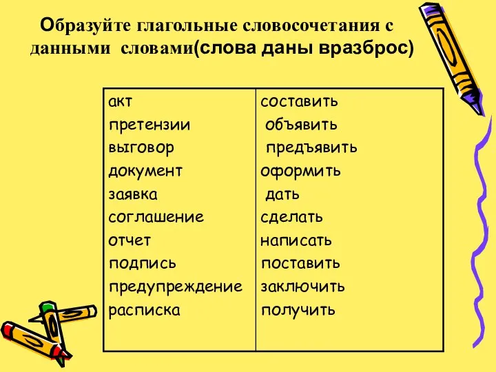 Образуйте глагольные словосочетания с данными словами(слова даны вразброс)