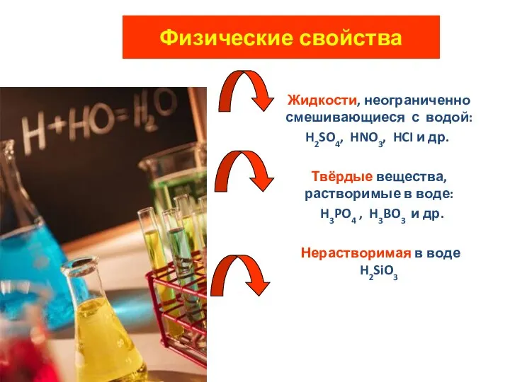 Физические свойства Жидкости, неограниченно смешивающиеся с водой: H2SO4, HNO3, HCI и