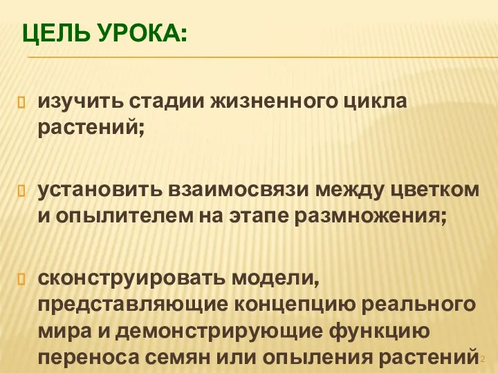 ЦЕЛЬ УРОКА: изучить стадии жизненного цикла растений; установить взаимосвязи между цветком