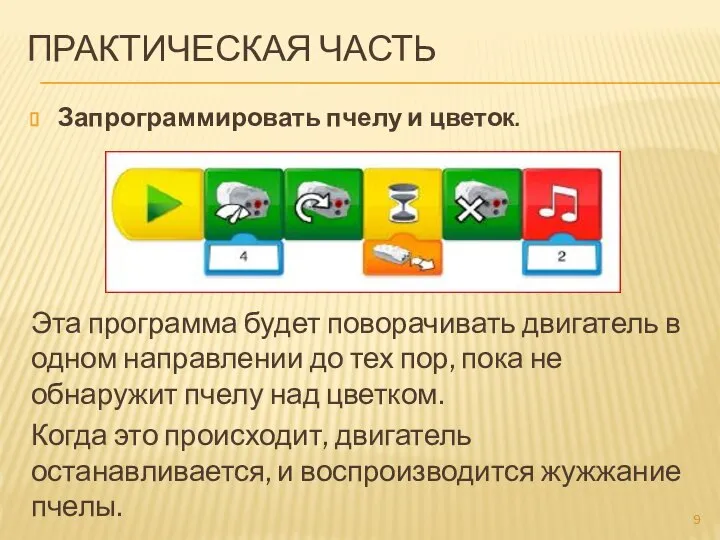 ПРАКТИЧЕСКАЯ ЧАСТЬ Запрограммировать пчелу и цветок. Эта программа будет поворачивать двигатель