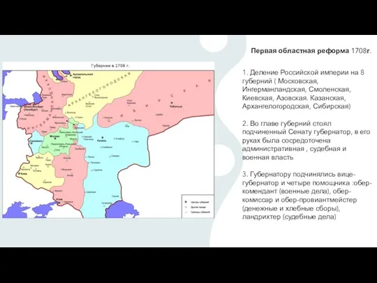 Первая областная реформа 1708г. 1. Деление Российской империи на 8 губерний