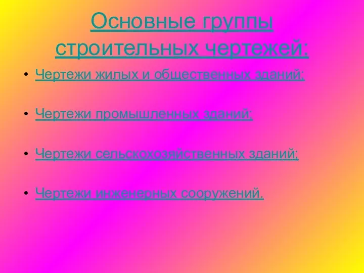 Основные группы строительных чертежей: Чертежи жилых и общественных зданий; Чертежи промышленных