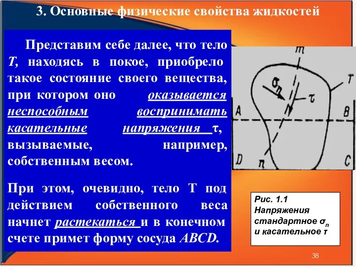 3. Основные физические свойства жидкостей Рис. 1.1 Напряжения стандартное σn и