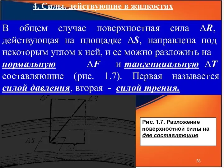 4. Силы, действующие в жидкостях В общем случае поверхностная сила ΔR,