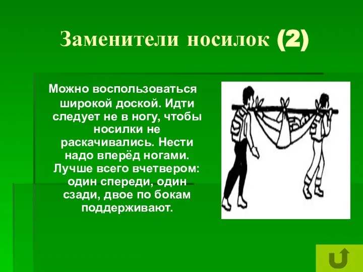 Заменители носилок (2) Можно воспользоваться широкой доской. Идти следует не в