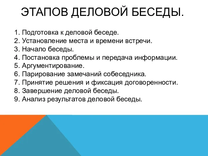 ЭТАПОВ ДЕЛОВОЙ БЕСЕДЫ. 1. Подготовка к деловой беседе. 2. Установление места